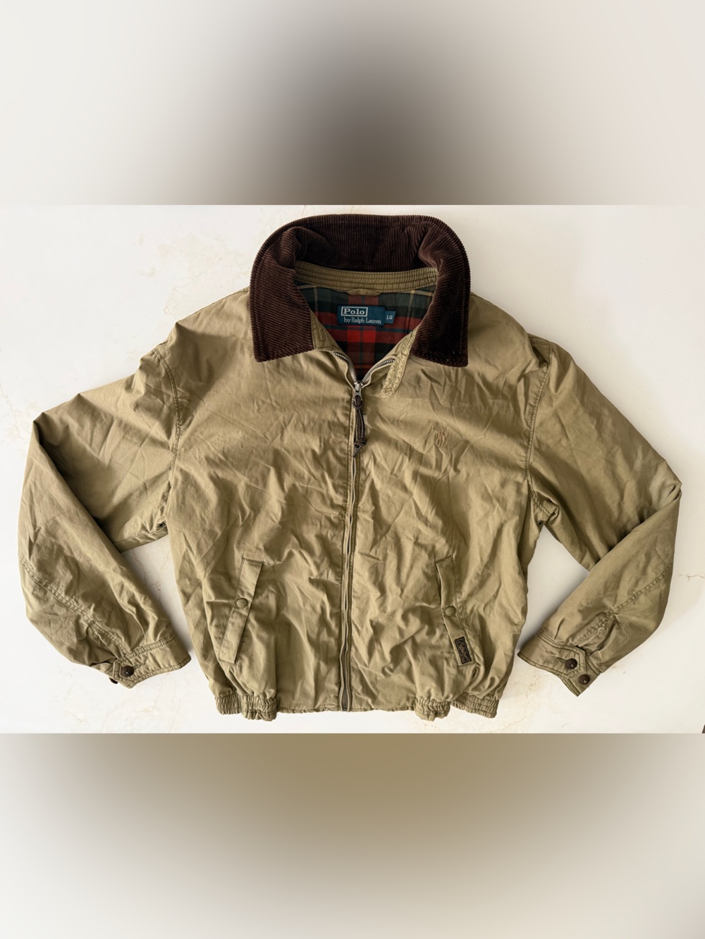 Polo Ralph Lauren Harrington Khaki Bomber Jacket with Brown Corduroy Collar